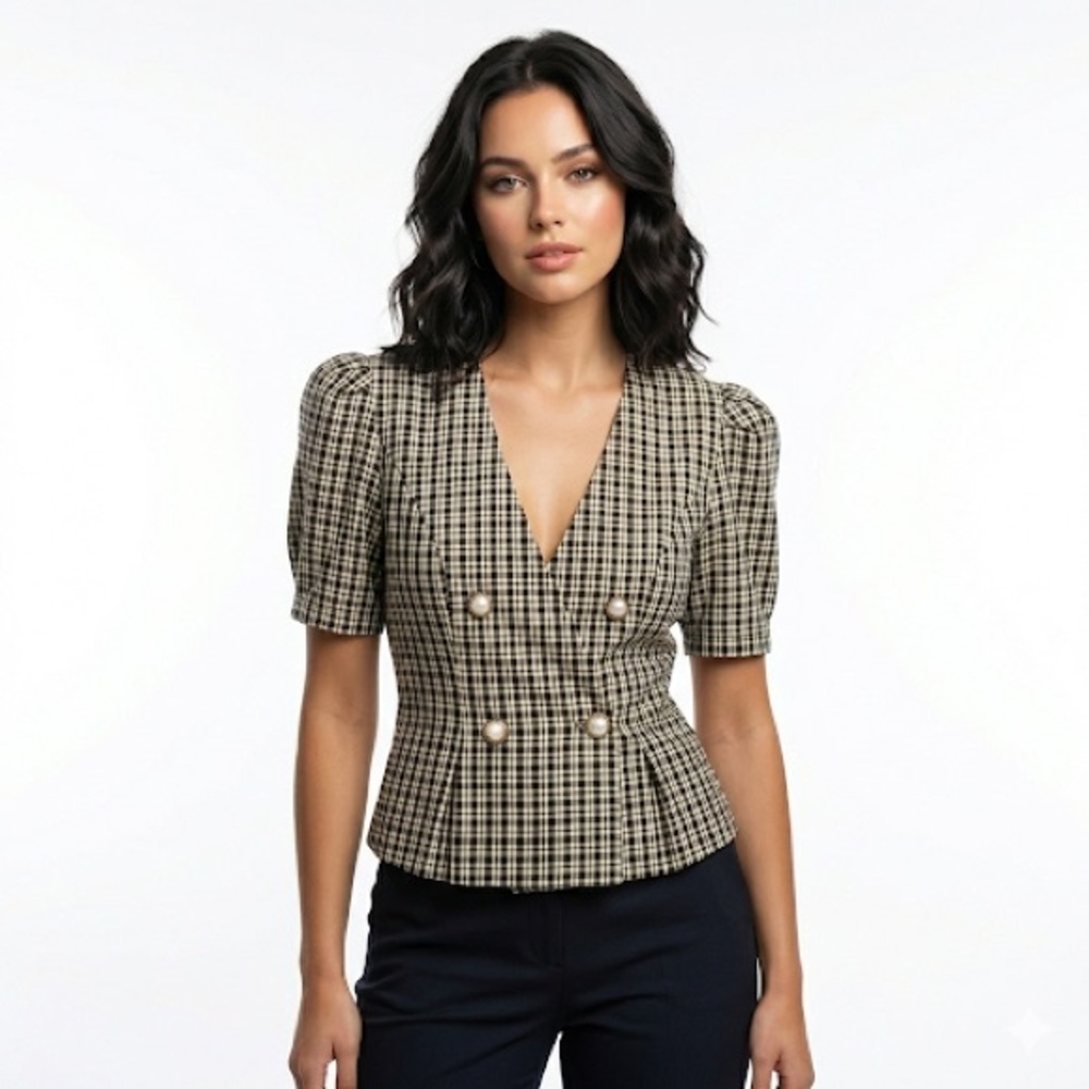 Good Times Women’s Vintage Plaid Peplum Blouse Medium